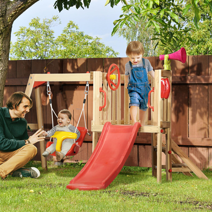 Juego de Tobogán y Columpio para Niños de 18-48 Meses 4 en 1 Parque Infantil de Madera con Columpio Tobogán Volante Bocina Teléfono para Patio Césped 170x200x118 cm Rojo y Natural