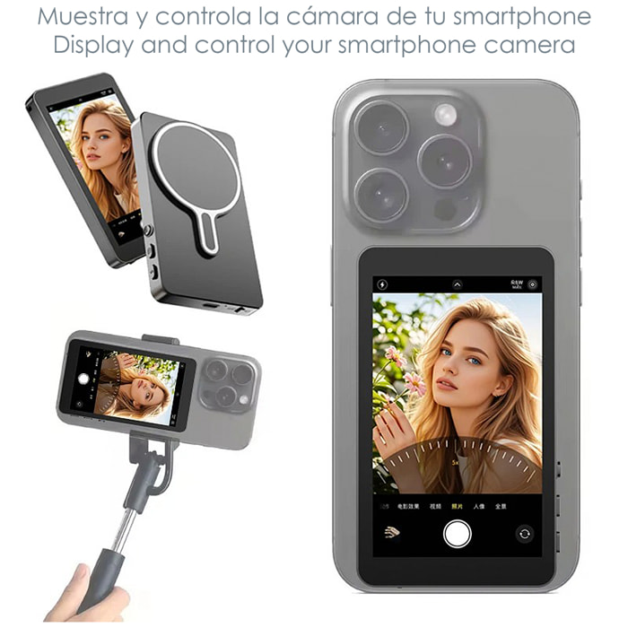 Schermo selfie magnetico wireless da 4" con batteria ricaricabile, duplicazione dello schermo 2.4G/5G a bassa latenza, zoom 10X e audio. Compatibile con iOS e Android.