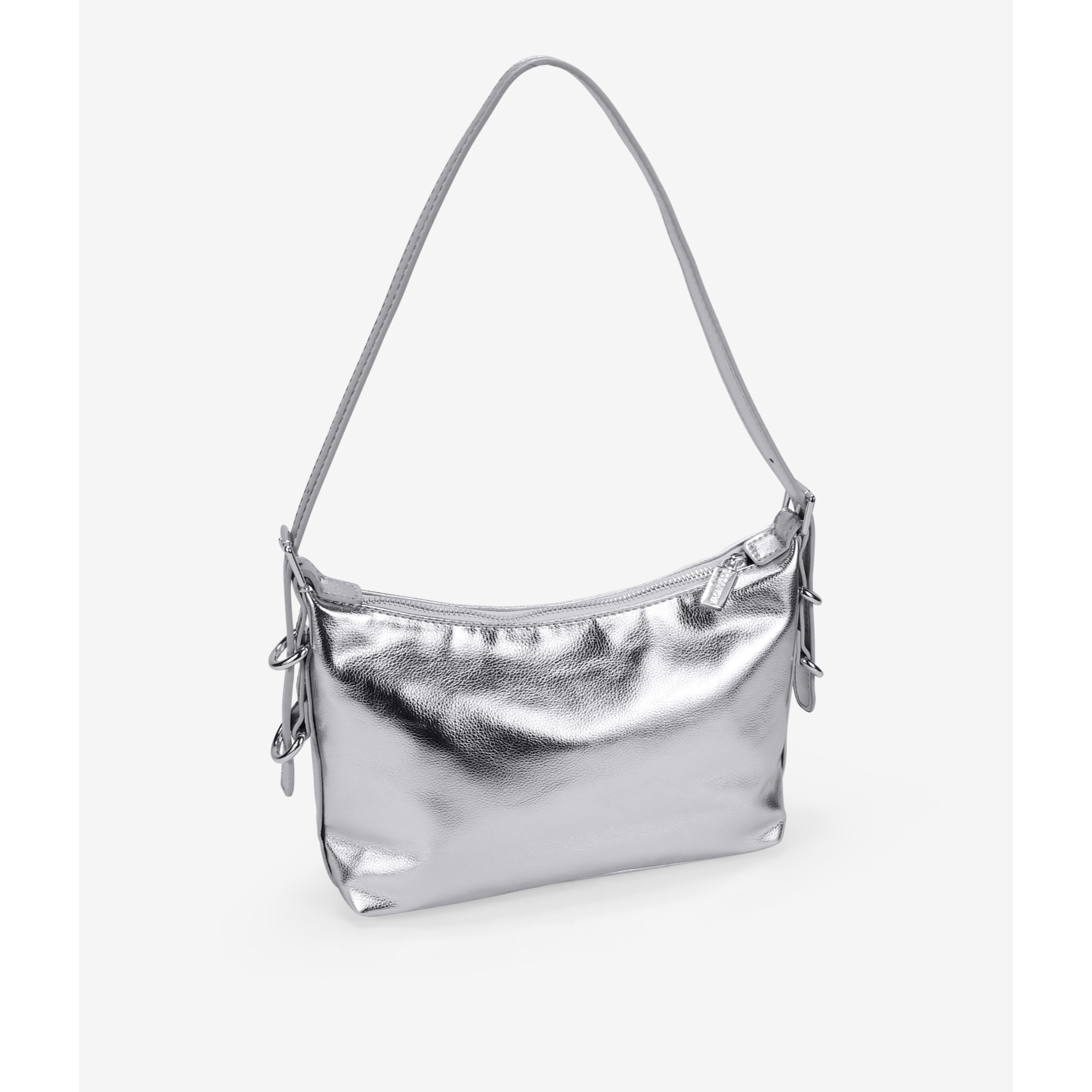 Bolso de hombro plateado con hebillas y cremallera