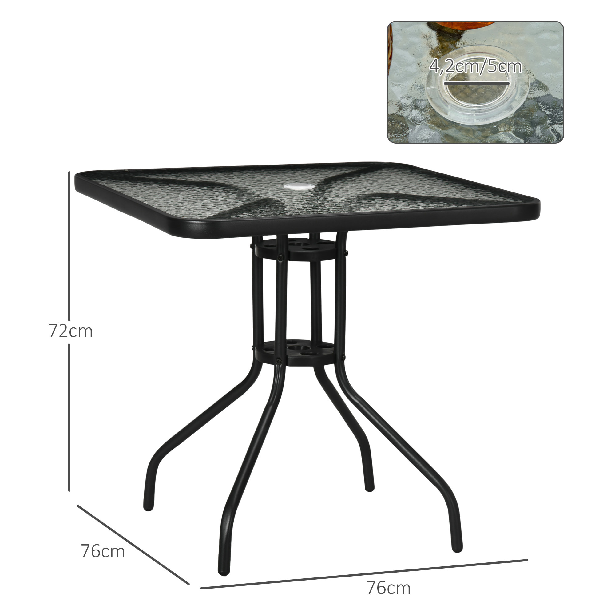 Mesa de Jardín Cuadrada Mesa de Comedor Exterior 76x76x72 cm con Agujero para Sombrilla y Encimera de Vidrio Templado para Patio Terraza Negro