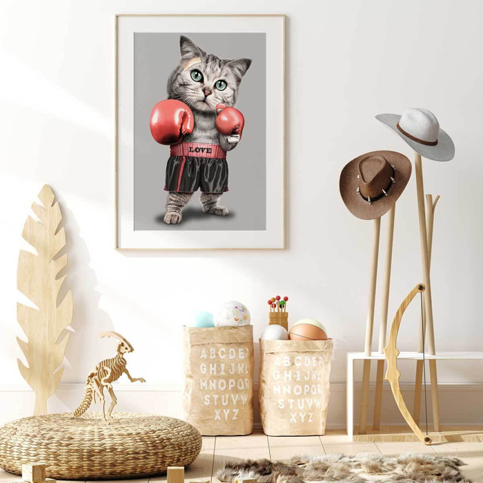 Affiche enfant chat boxeur  Affiche + cadre en bois - Chêne