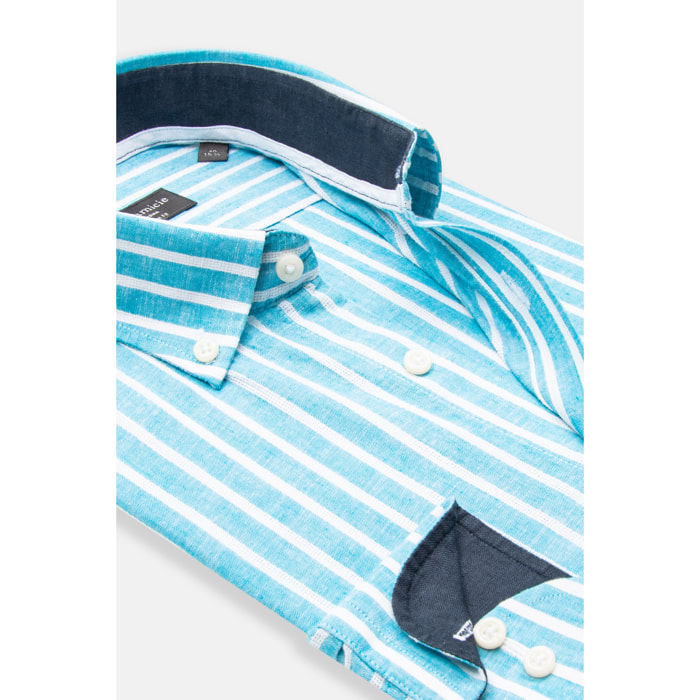 camicia uomo 1 bottone button down slim Lino Cotone Riga Larga Blu Inchiostro\Bianco