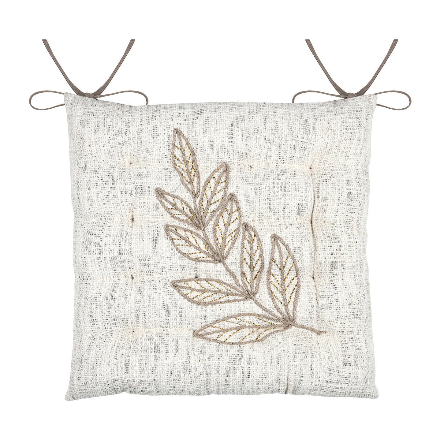 Galette de chaise feuillage  - Effet matière en coton brodé - Ecru