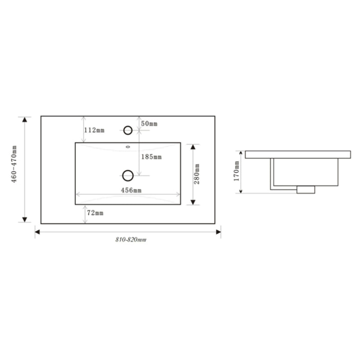 Modena 81x46 cm lavabo en céramique avec trou pour robinetterie au milieu, blanc brillant (M8046)
