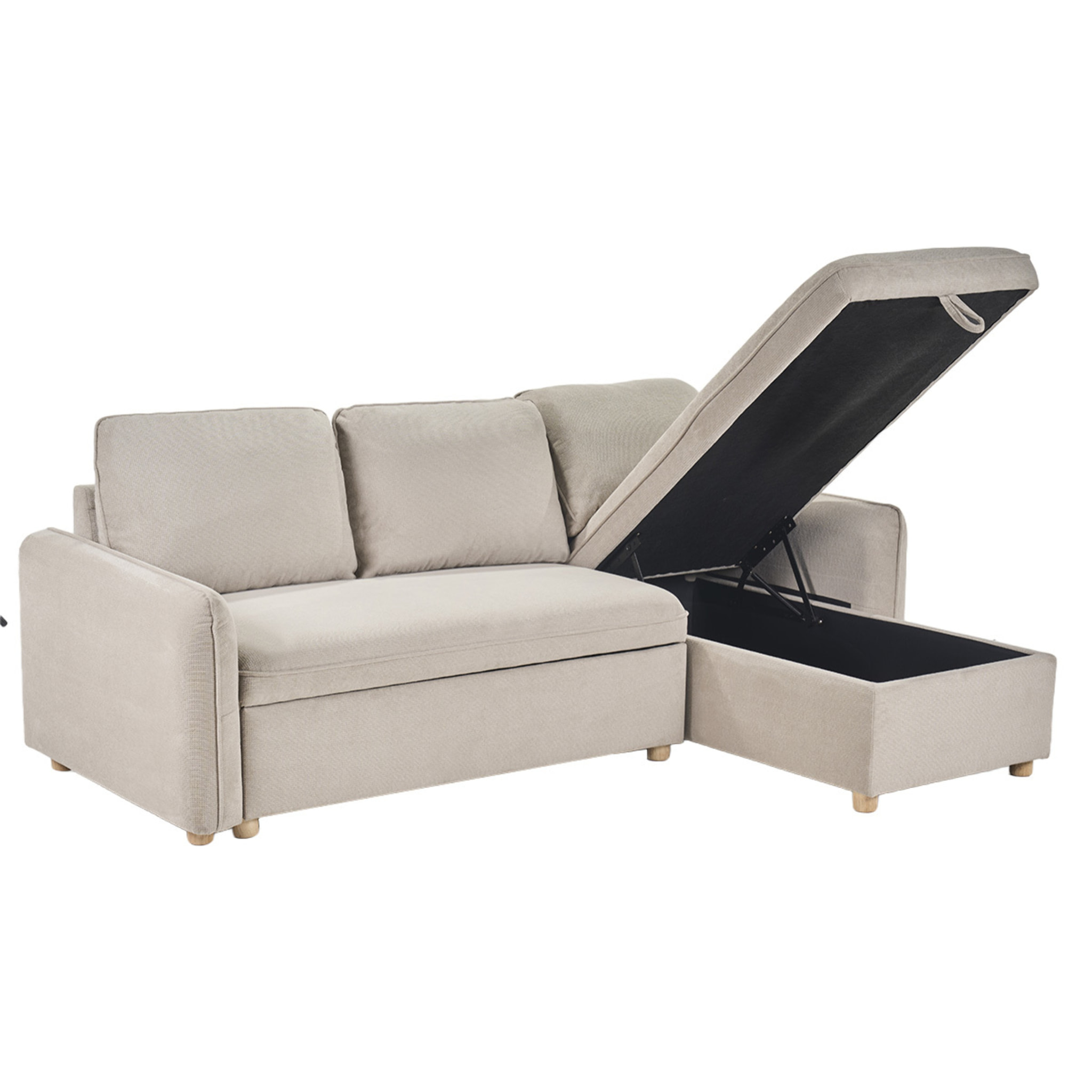 Canapé d'angle convertible réversible avec coffre 3 places en tissu chenille beige et bois clair ORSO
