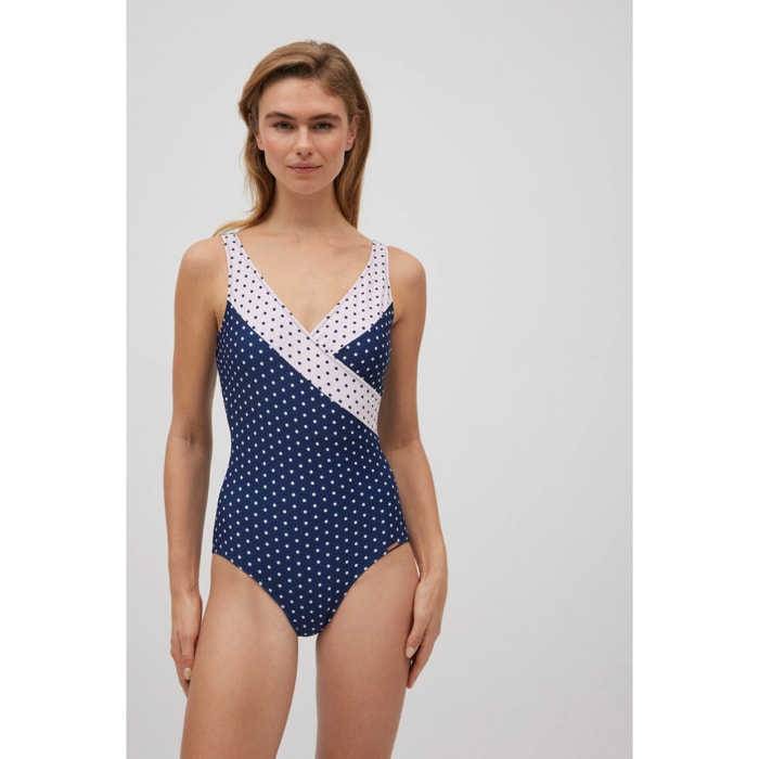 Costume modellante con scollo a V a pois