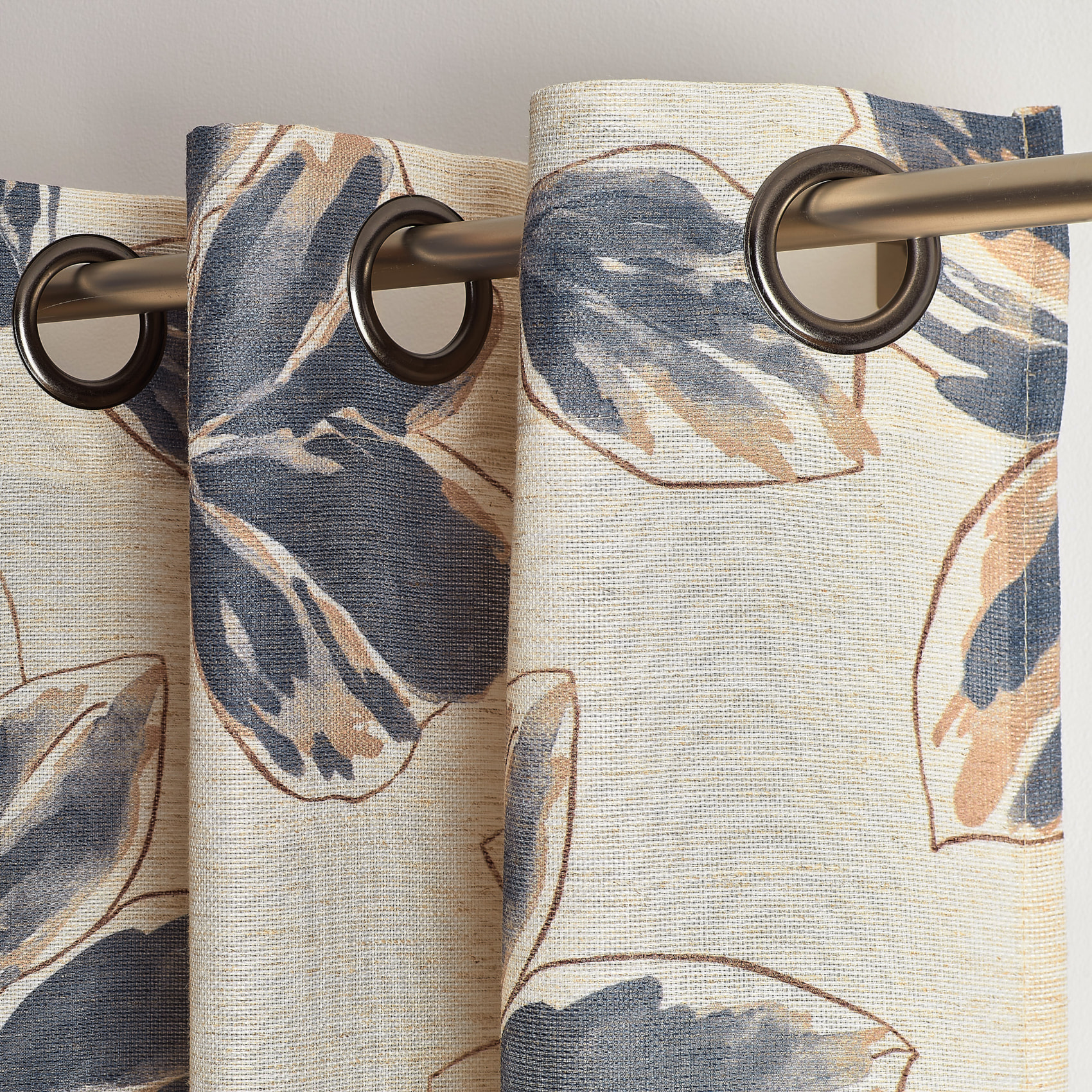 Rideau poly-lin imprimé fleur aquarelle - Bleu Encre