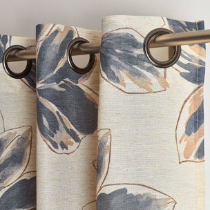 Rideau poly-lin imprimé fleur aquarelle - Bleu Encre