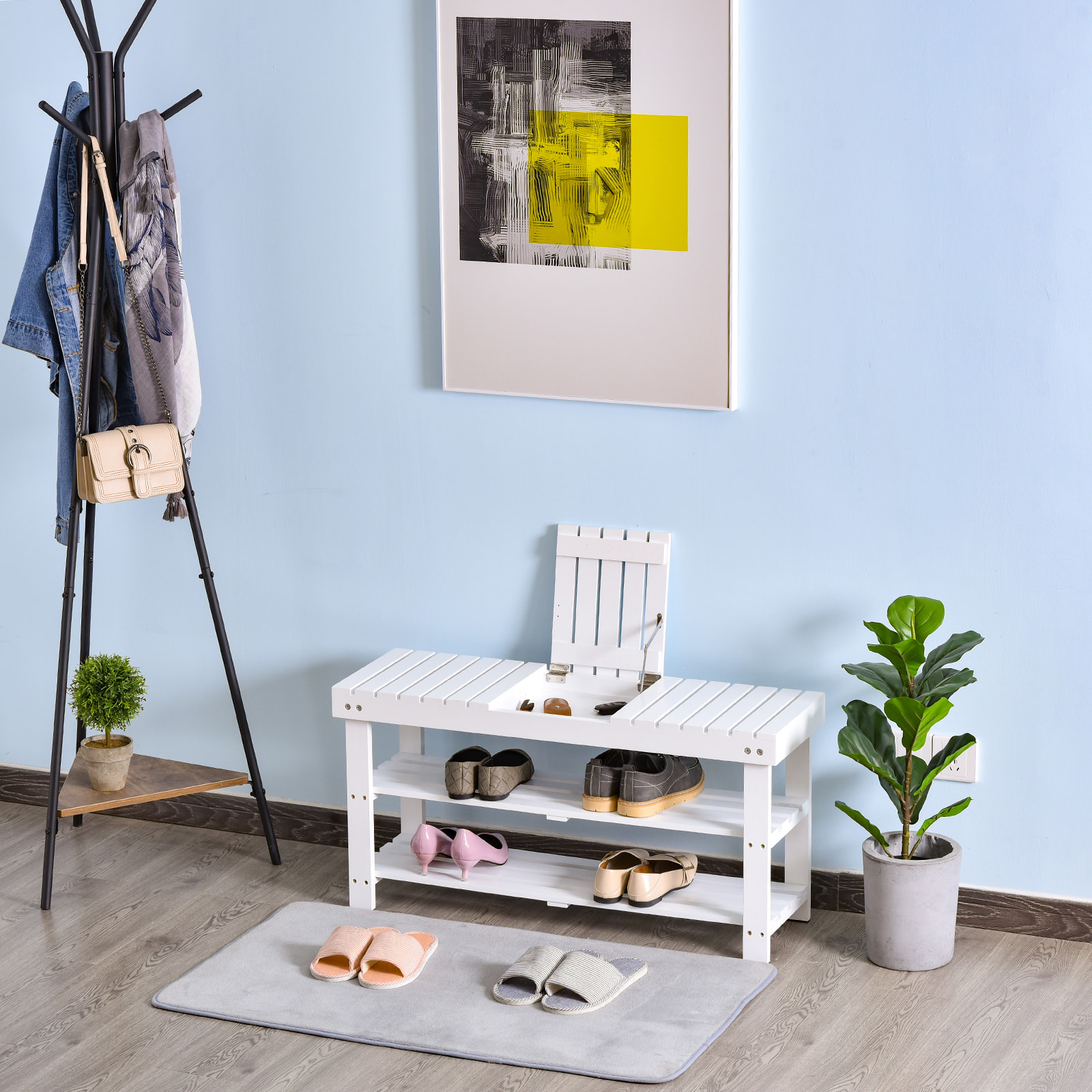 Banc à chaussures - 2 étagères, petit coffre de rangement - dim. 90 x 29 x 45 cm - MDF bois blanc