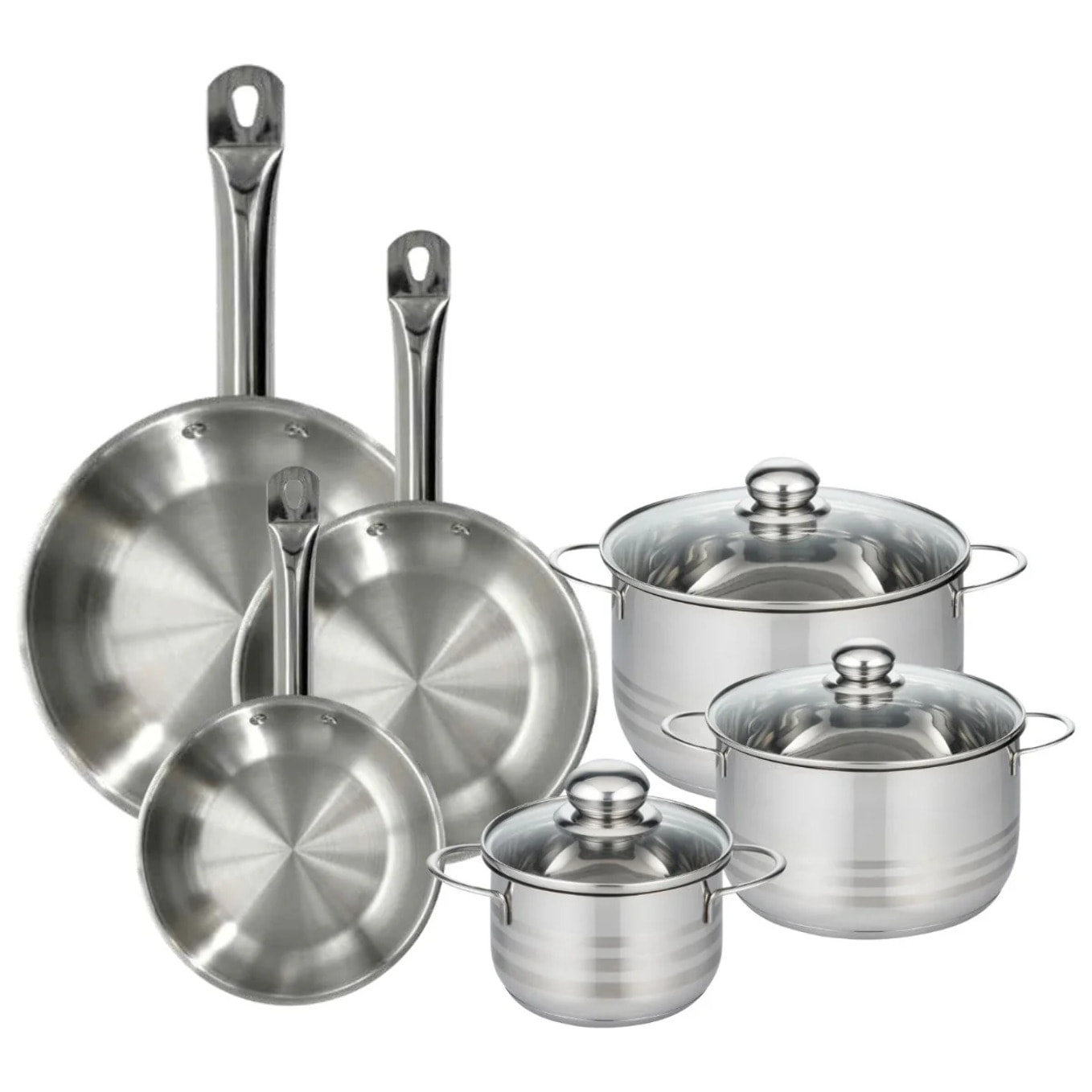 Set 3 poêles 20 24 28 cm en inox, 3 faitouts inox 16, 20 et 24 cm Fackelmann Eterna