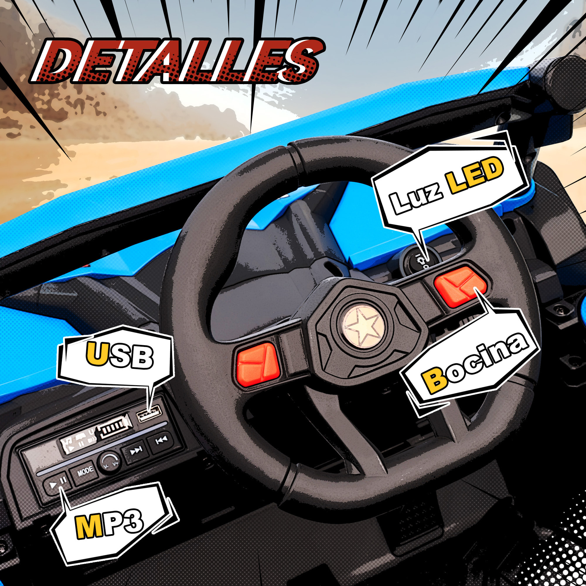 Coche Eléctrico para Niños 12V, Coche de Batería UTV con 2 Motores, Control Remoto 2,4G, Velocidad hasta 7 km/h, Sistema de Suspensión, Faros, USB, para Niños de +3 Años, Azul