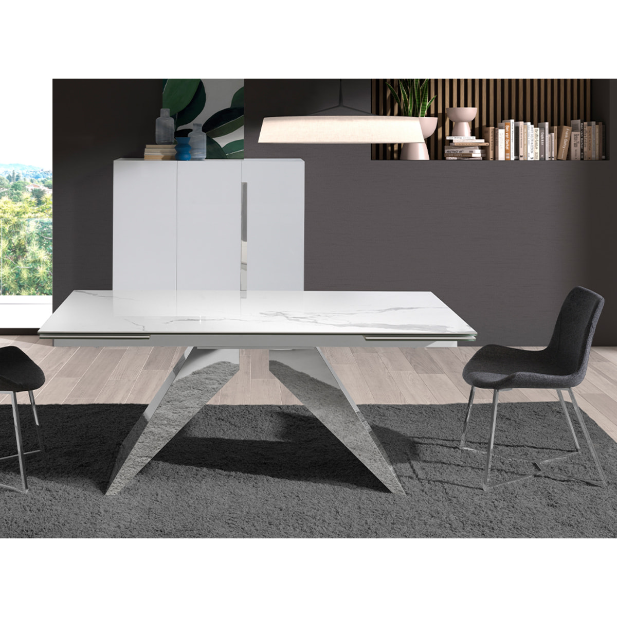 Mesa comedor extensible rectangular con tapa de mármol porcelánico blanco con vetas en gris en acabado brillo 160x90x76cm