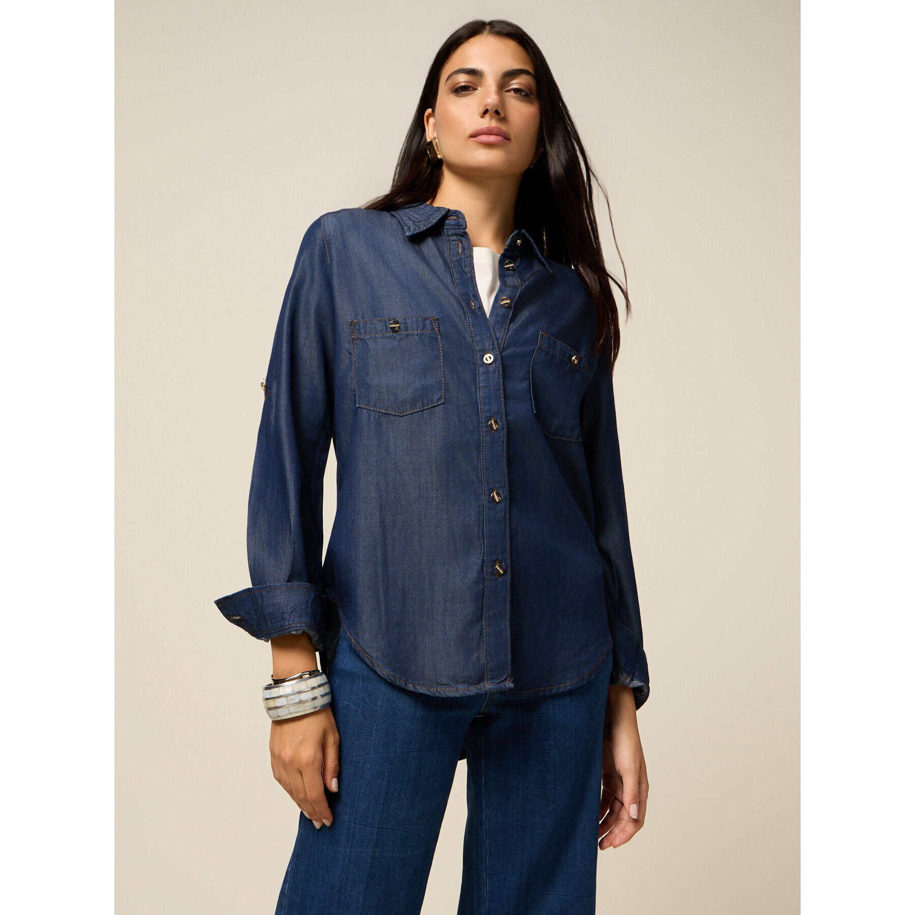 Oltre - Camisa de tencel efecto denim - Azul