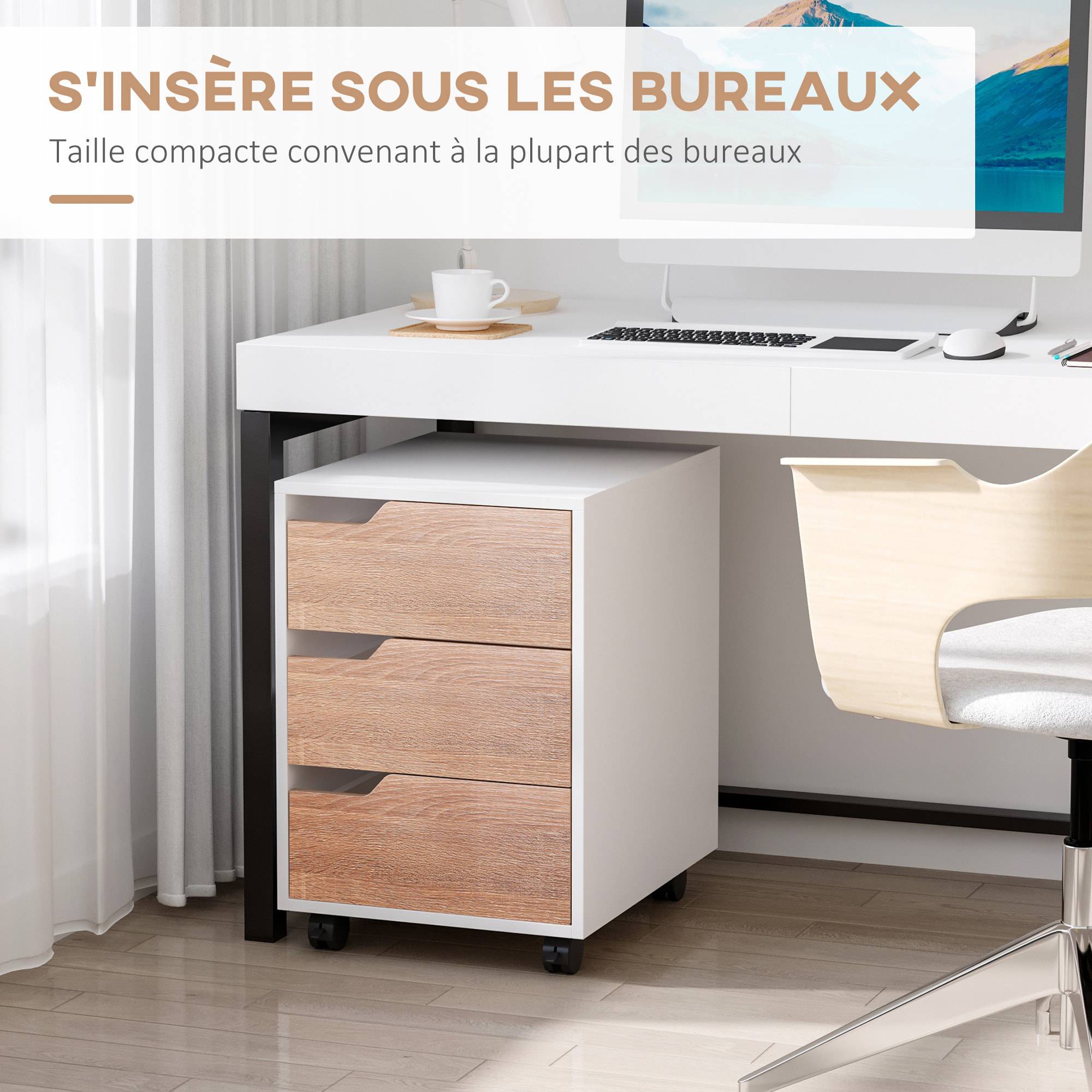 Caisson bureau mobile avec 3 tiroirs, meuble rangement bureau sur roulettes pour documents et imprimante, 40x50x57,5cm, blanc et aspect bois