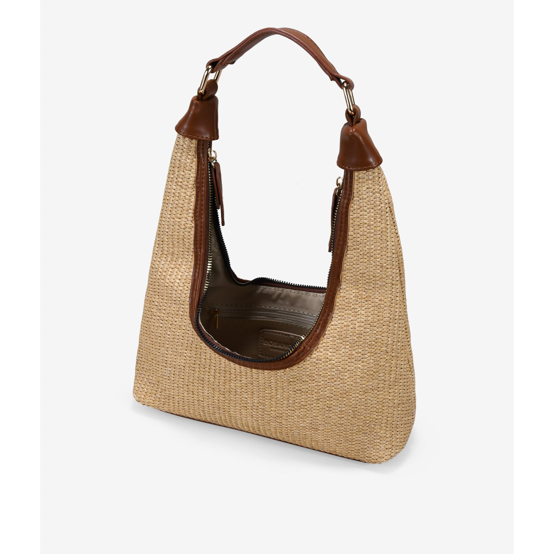 Bolso de hombro tostado en rafia con cremallera