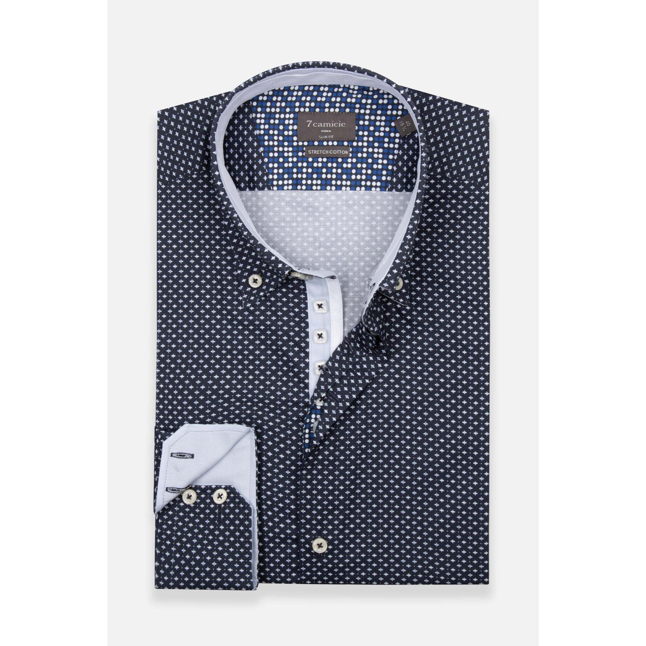Camicia Uomo 2 Bottoni Button Down Slim Popeline Stretch Stampato Blu\Bianco
