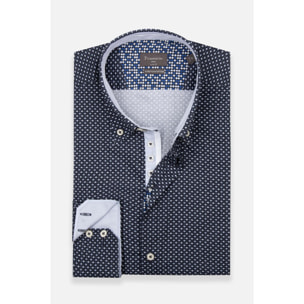 Camicia Uomo 2 Bottoni Button Down Slim Popeline Stretch Stampato Blu\Bianco