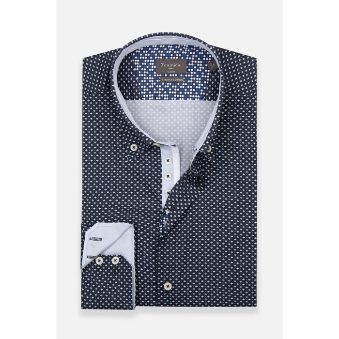 Camicia Uomo 2 Bottoni Button Down Slim Popeline Stretch Stampato Blu\Bianco