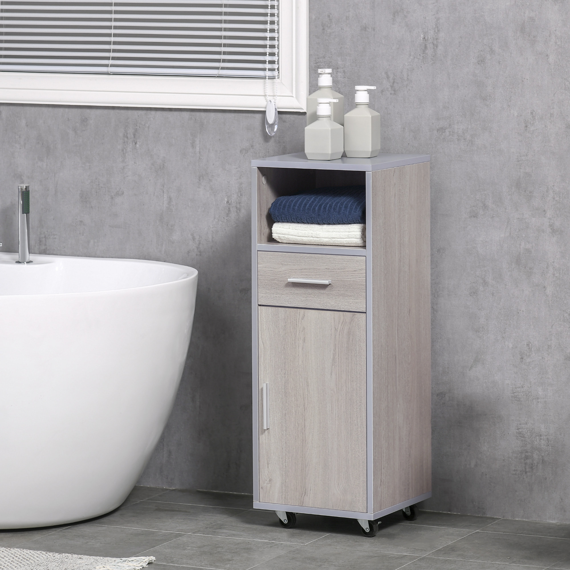 kleankin Armario de Baño con 1 Cajón 1 Puerta y Estante Abierto Mueble Auxiliar de Almacenaje con Ruedas para Salón Cocina Dormitorio Antivuelco 30x32x87 cm Gris