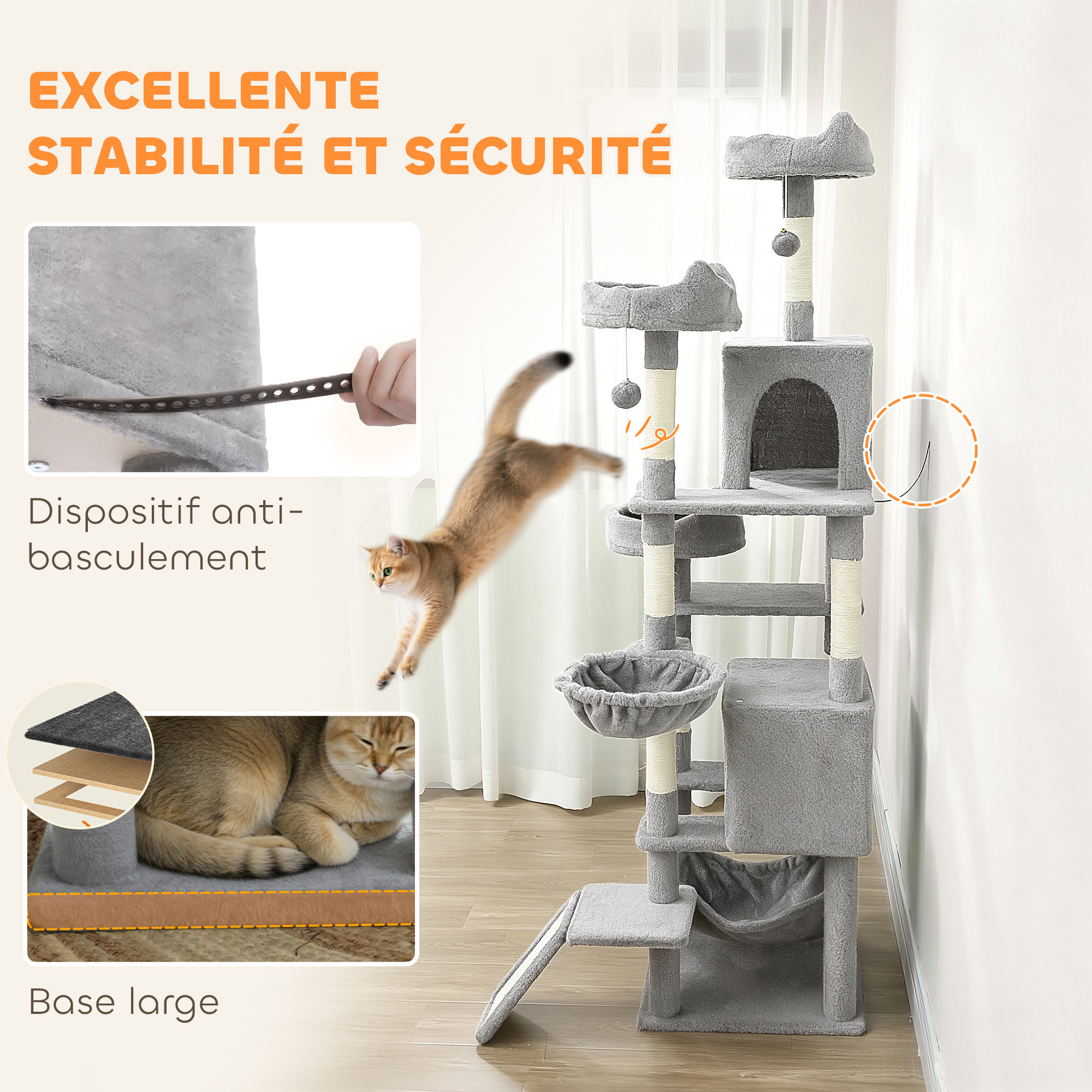 Arbre à chat design XXL gris clair multi-activités - zones de repos, griffoirs, grattoir - H.192 cm
