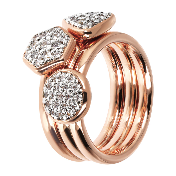 Set Di Tre Anelli Geometrici Pavé in Golden Rosé con Cubic Zirconia Placcato Oro Rosa 18k