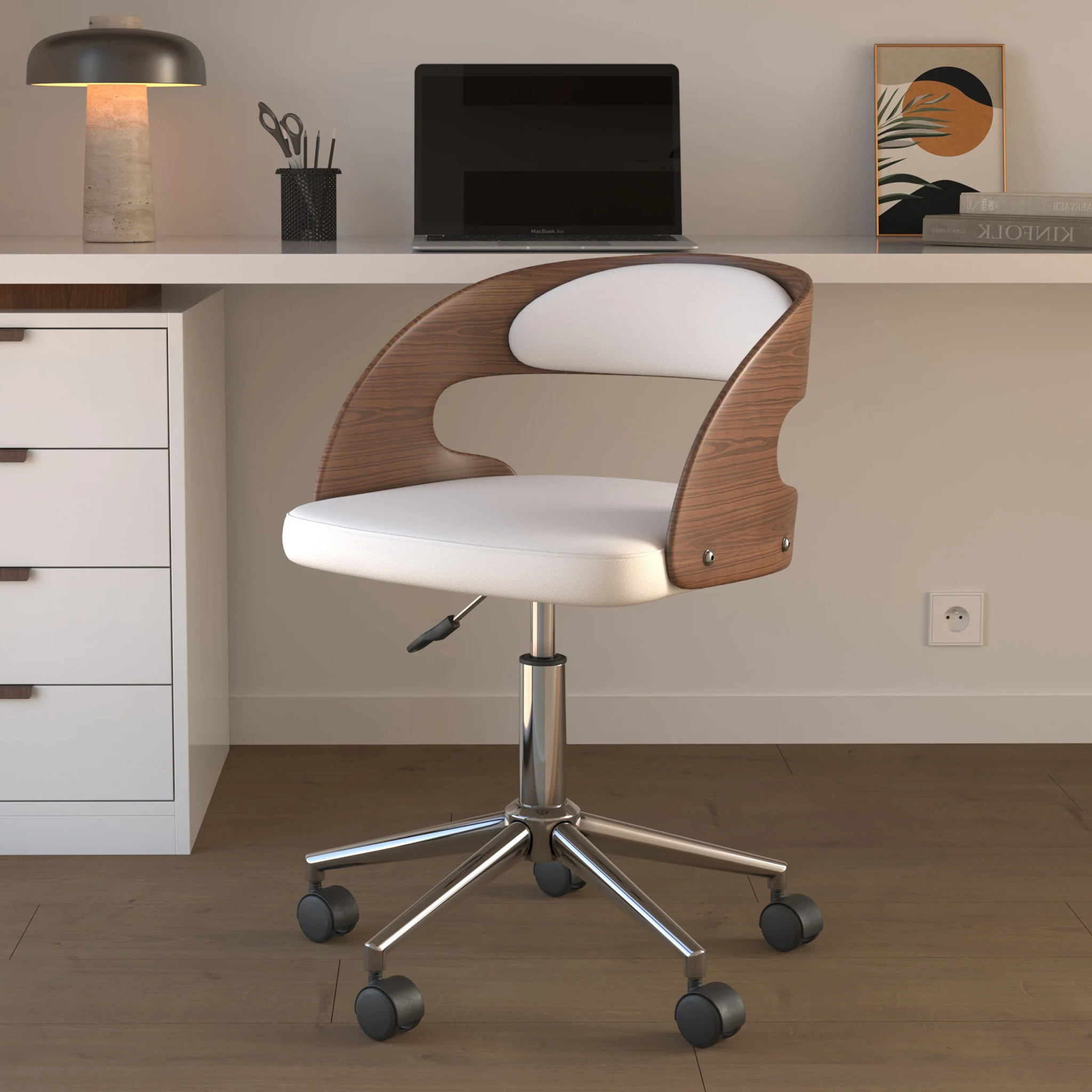 Chaise de bureau pivotante en bois et PU blanc - Louis