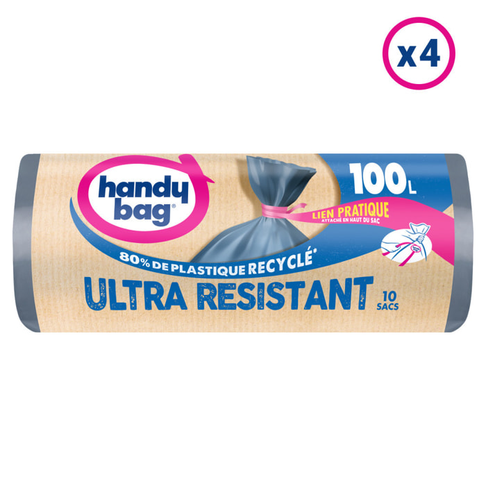 4x10 Sacs poubelle 100L à lien pratique Ultra Résistant Handy-bag - 80% de plastique recyclé