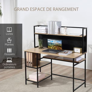 Bureau informatique design industriel 4 étagères grand plateau et panneau noir métal aspect chêne clair