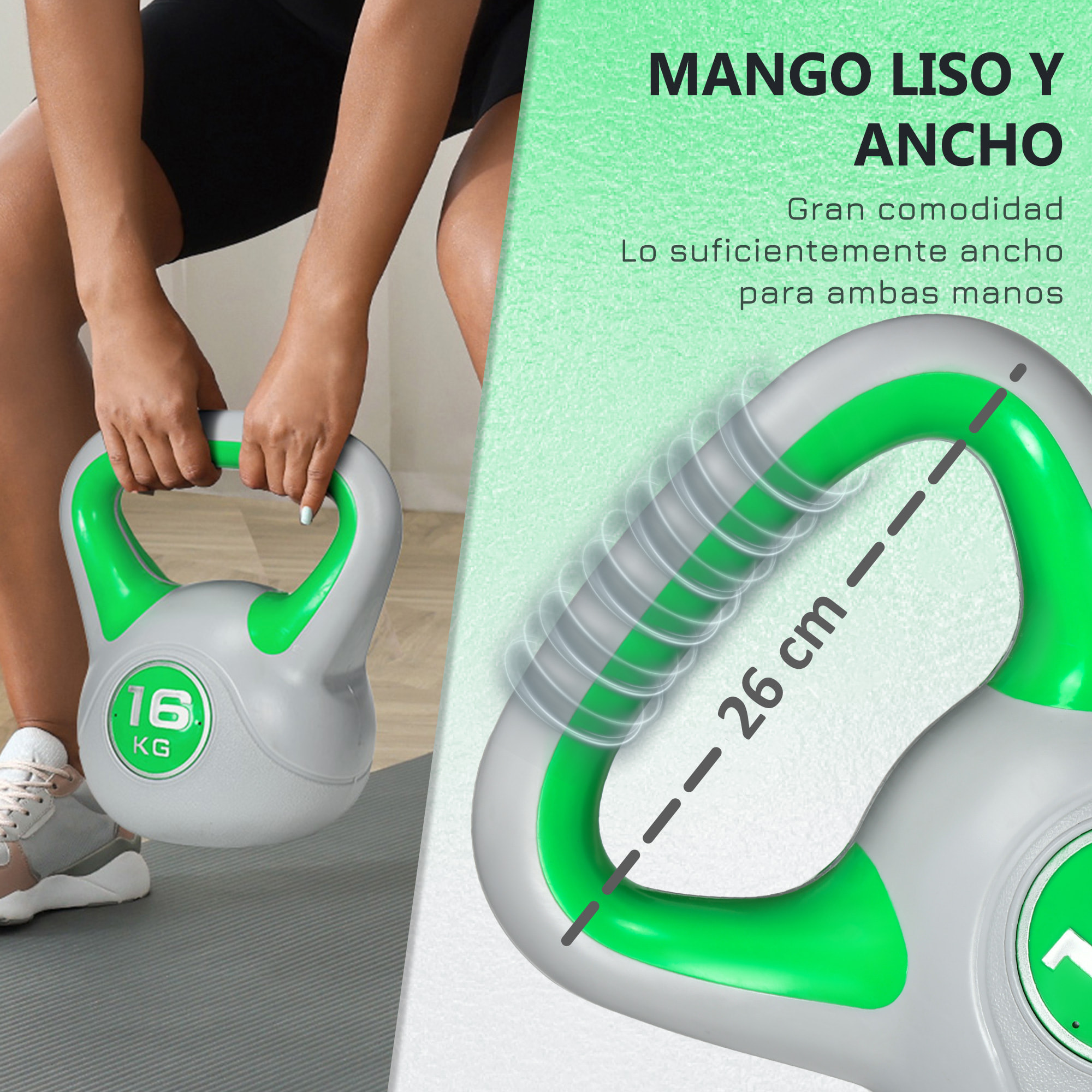 Pesa Rusa 16 kg, Kettlebell Revestimiento de PU y Relleno de Arena, Mango Ancho, para Entrenamiento Culturismo, en Casa, Gimnasio, Verde y Gris