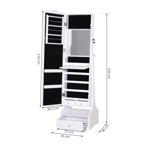 Espejo Joyero con LED Cerradura Cajones 45x36x150cm Blanco