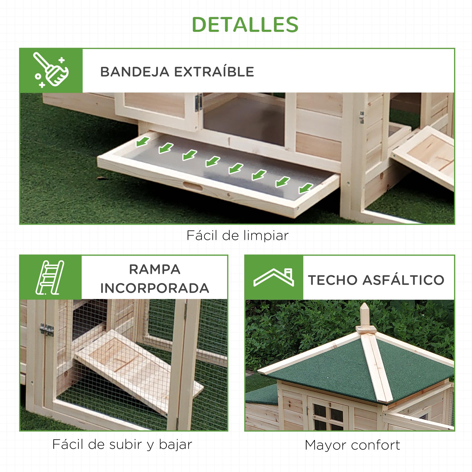 Gallinero de Madera de Abeto Refugio Jaula para Gallinas Pollos Exterior con Caja Nido Bandeja Extraíble y Espacio para Correr 196x76x97 cm Natural