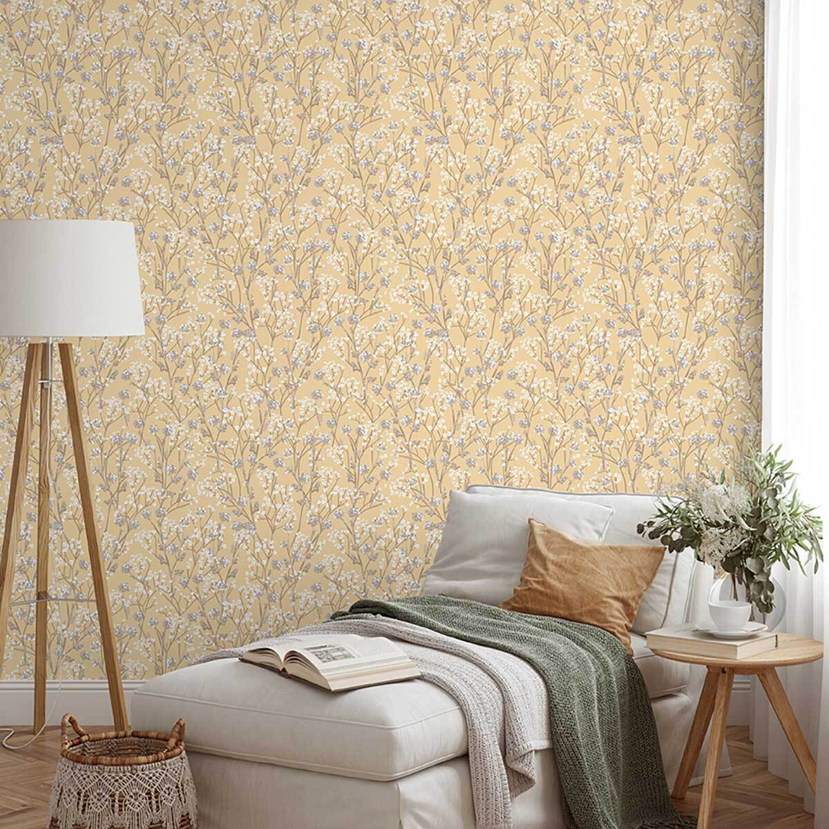 Papier peint fleurs sauvages ocre miel