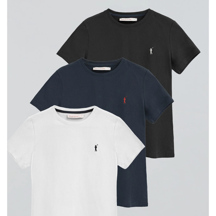 Pack donna con tre magliette in bianco, nero e blu marino a maniche corte con ricamo Rigby Go