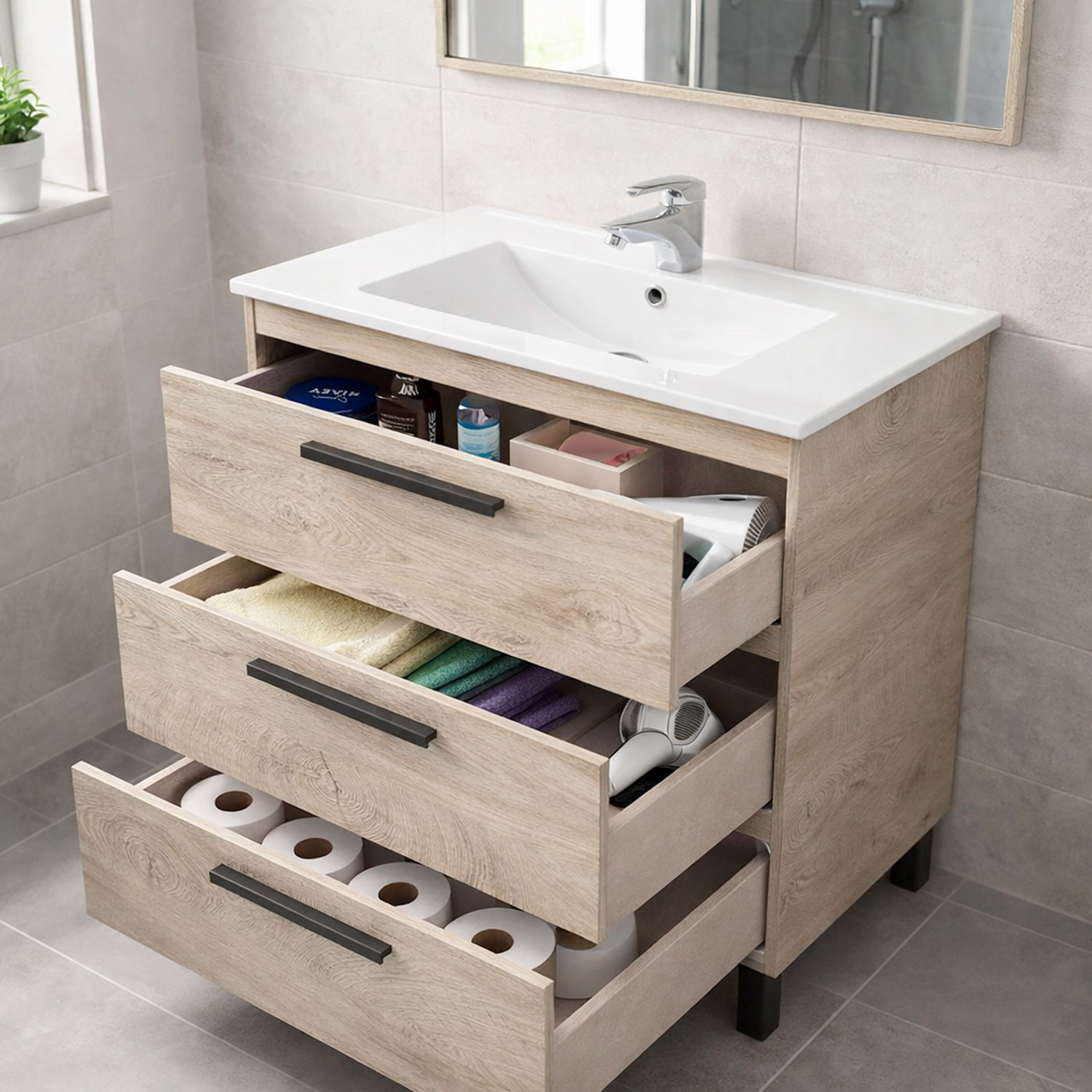 Mobile Bagno A Terra Con 3 Cassetti Lavabo In Ceramica E Specchio 77 x 50 Cm Inclusi Design Moderno Salvaspazio 80 x 45 x 86 Cm Colore Rovere Alaska