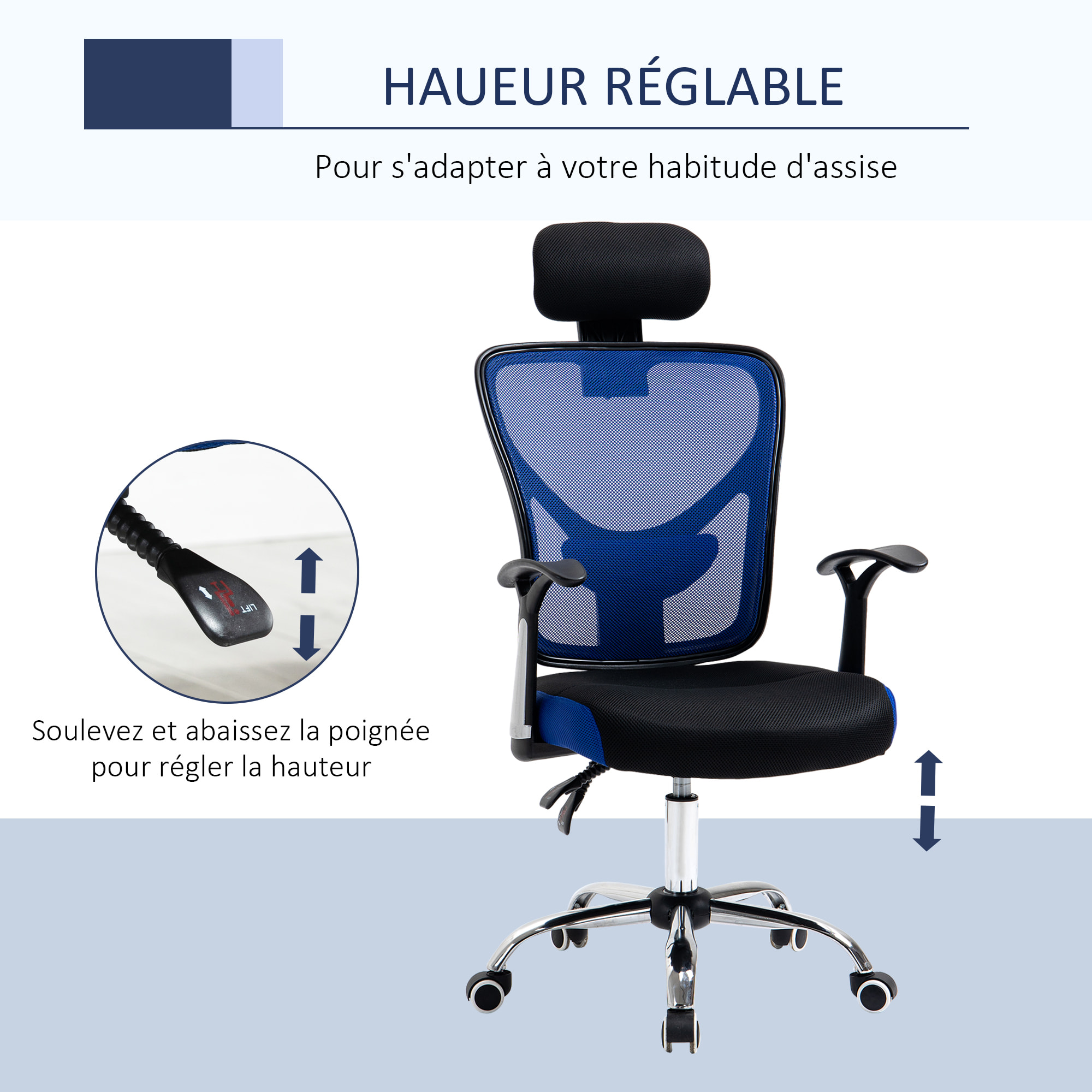 Vinsetto Chaise de bureau manager grand confort réglable dossier inclinable piètement chromé tissu maille polyester bleu noir