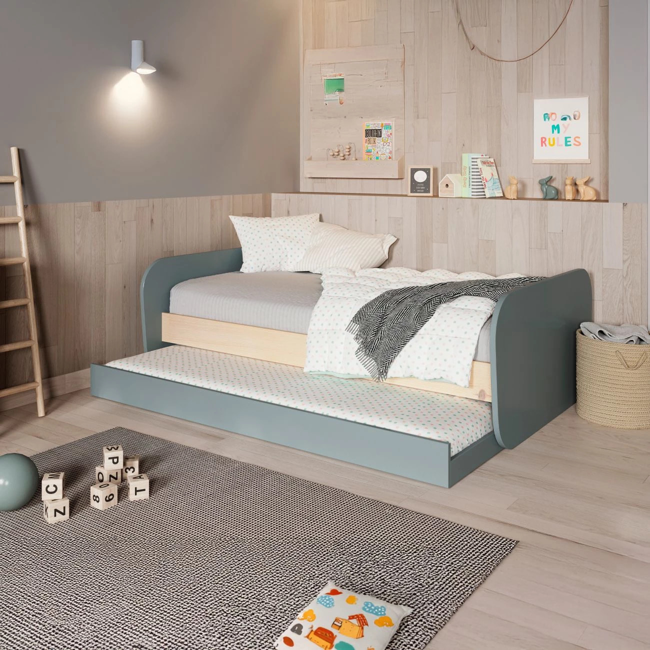 Cama doble juvenil Misty Breeze Verde Salvia - Oak Soft