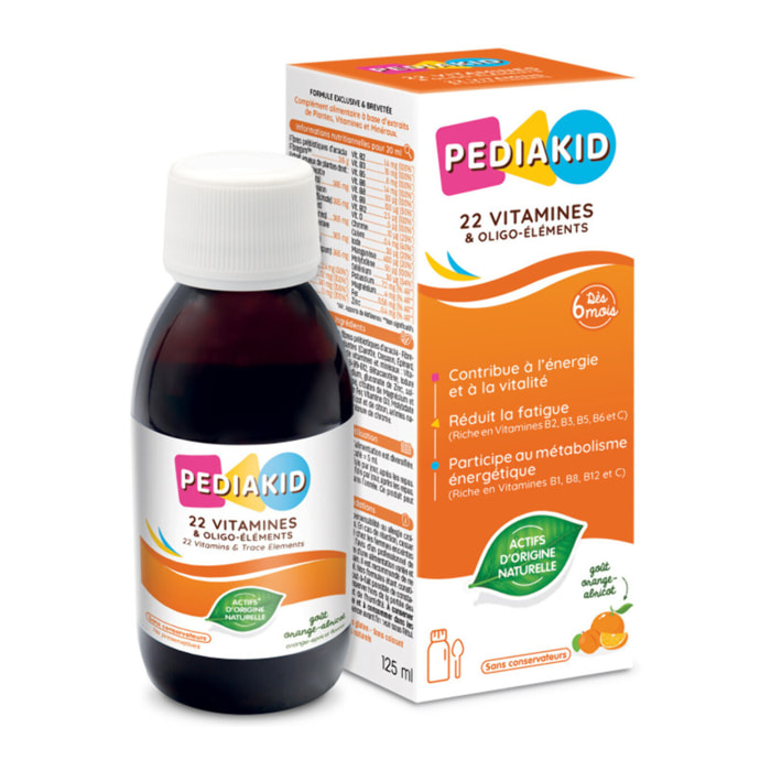 PEDIAKID - Sirop 22 Vitamines et Oligo-Éléments - Complément Alimentaire Naturel - Formule Exclusive au Sirop d'Agave - Optimise les Apports en Vitamines et Minéraux - Goût Orange Abricot – 125ml