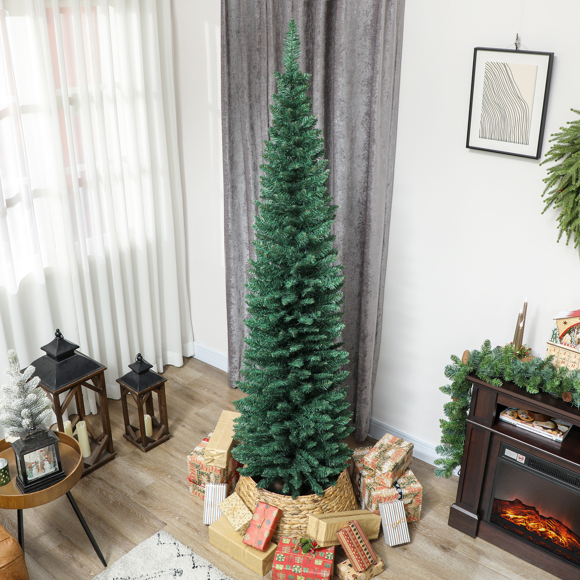 Árbol de Navidad Estrecho 210 cm, Árbol de Navidad Artificial con 401 Ramas, Soporte Metálico, Fácil de Montar, Decoración para Interior, Hogar, Oficina, Verde
