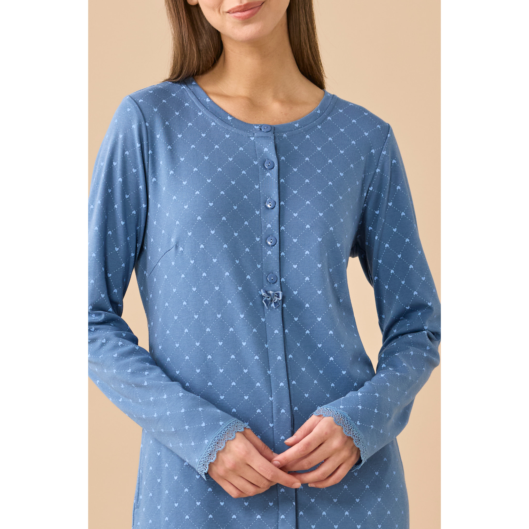 Camicia da notte donna in caldo cotone con abbottonatura frontale articolo cuore. Noidinotte