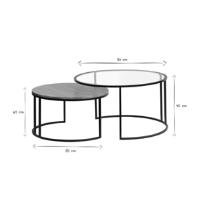 Tables basses gigognes rondes verre trempé, bois manguier massif et métal noir (lot de 2) TAHL