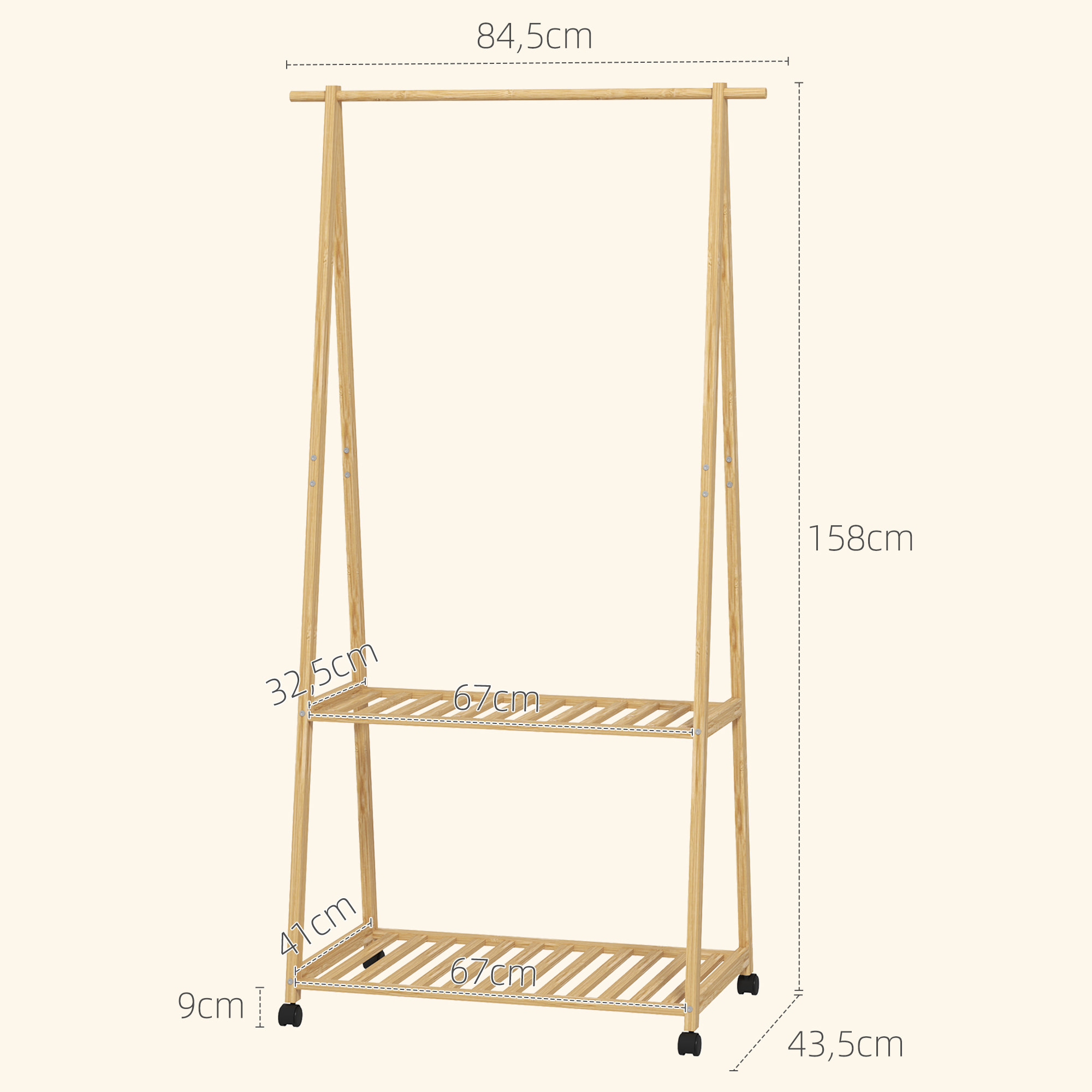 Portant penderie à vêtements en bambou mobile 4 roulettes 2 étagères dim. 84,5L x 43,5l x 158H cm