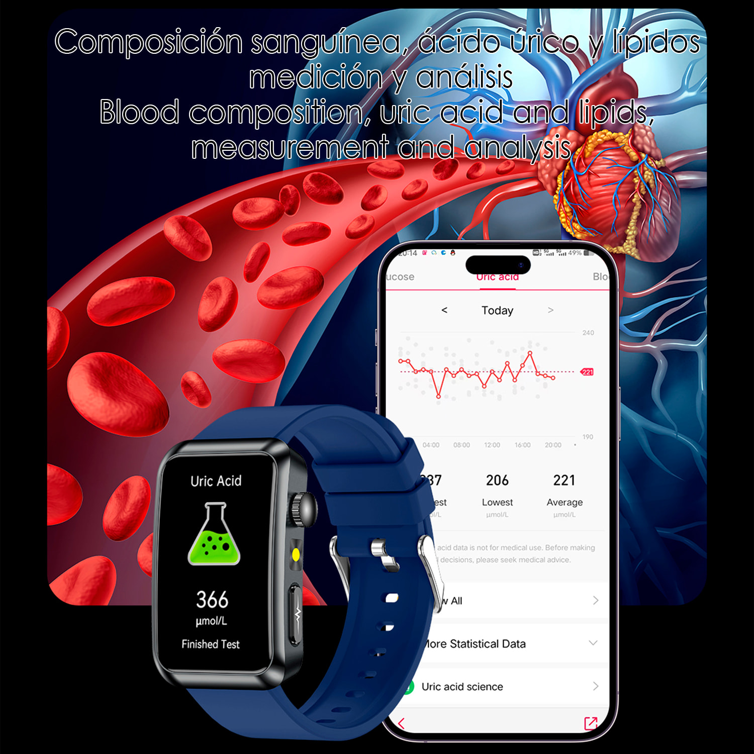 Smartwatch TK77. Chiamate Bluetooth con funzioni sanitarie avanzate: misurazione della glucosio, lipidi e acido urico, temperatura corporea, ECG, EDA, micro esame fisico e composizione corporea.