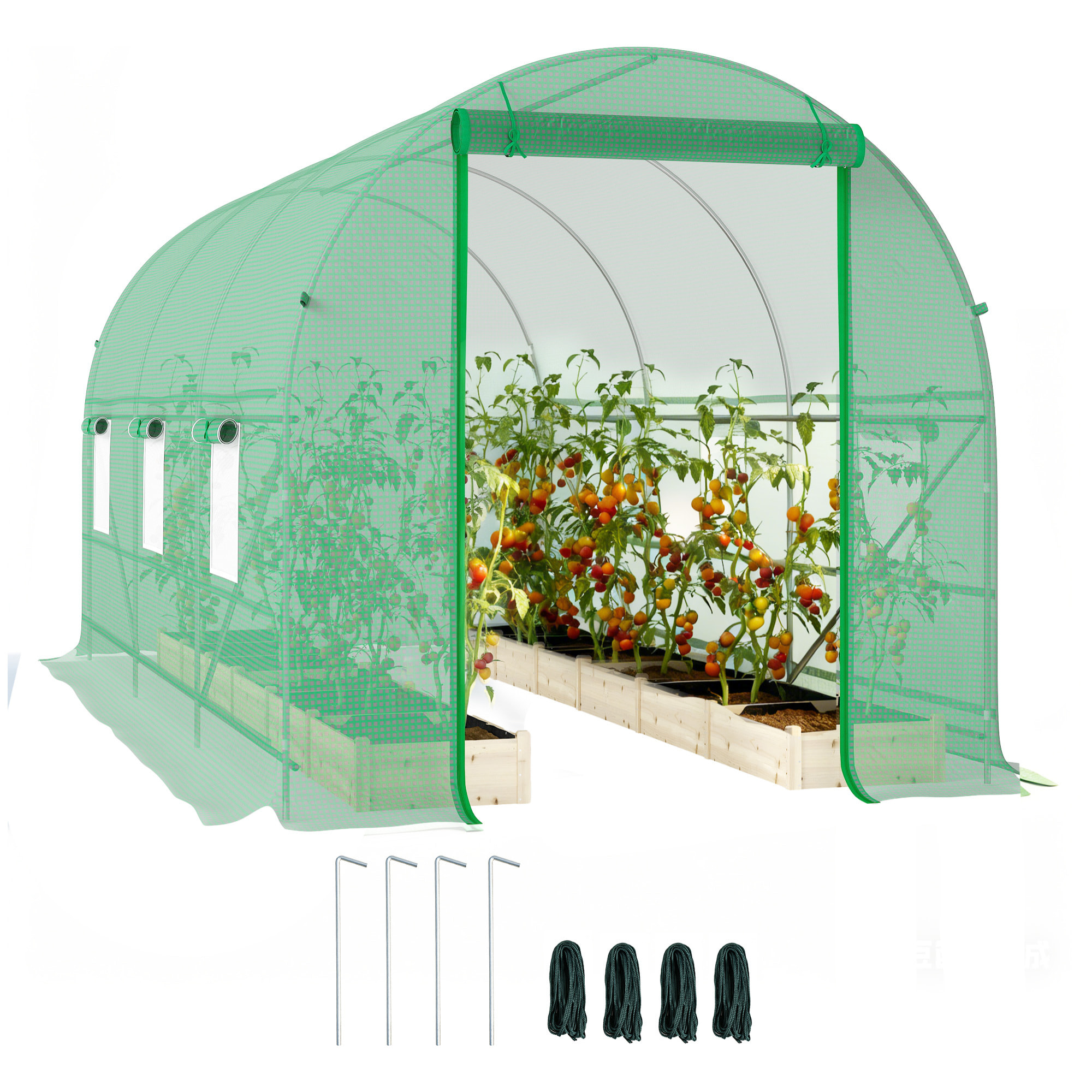 Serre de jardin tunnel surface sol 8 m² 4 x 2 x 2 m châssis tubulaire renforcé 18 mm 6 fenêtres vert