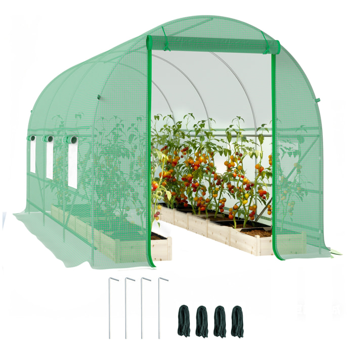 Serre de jardin tunnel surface sol 8 m² 4 x 2 x 2 m châssis tubulaire renforcé 18 mm 6 fenêtres vert