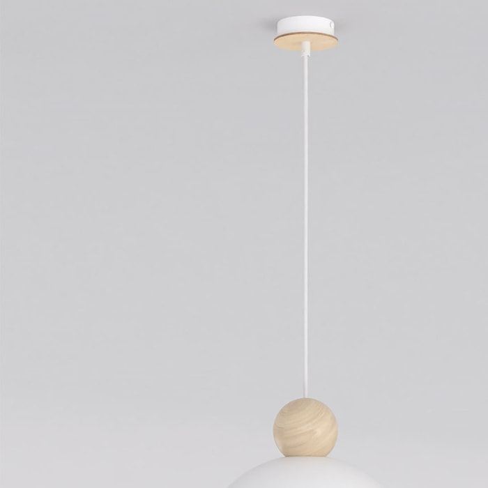 Lampada a sospensione KAKI in acciaio e legno bianco opaco