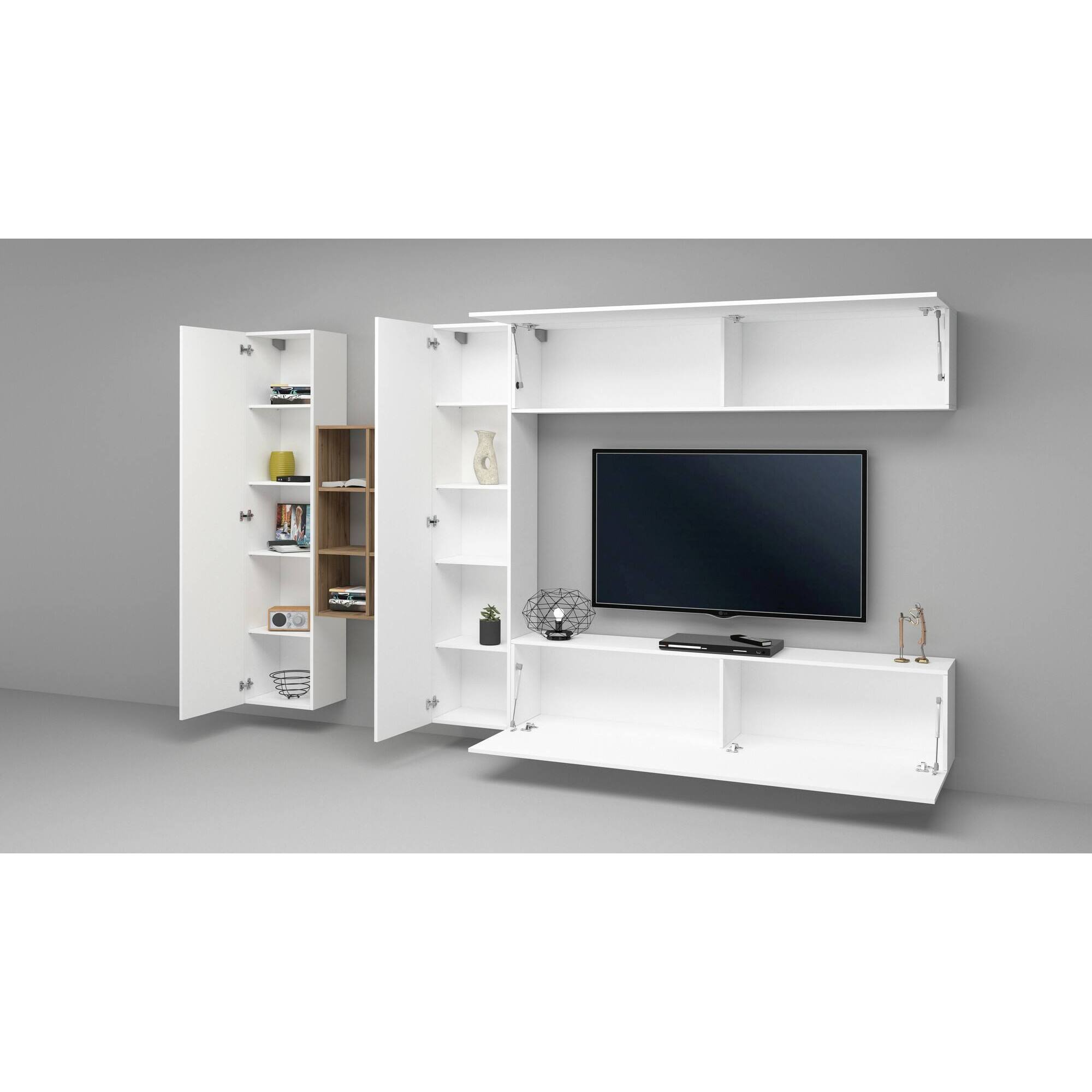 Parete attrezzata Danilo, Set salotto porta TV a 4 ante, Mobile soggiorno multiuso, 100% Made in Italy, cm 280x30h180, Bianco lucido e Acero