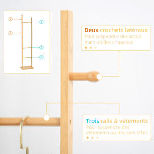 Penderie porte-manteaux - 3 barres de penderie, 2 patères - dim. 36L x 24l x 168H cm - bois bambou