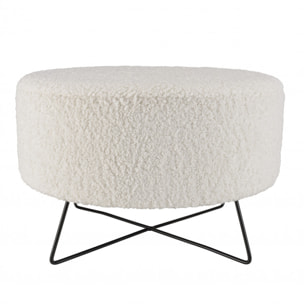 ALBANE - Pouf rond tissu bouclette blanc pieds croisés métal noir