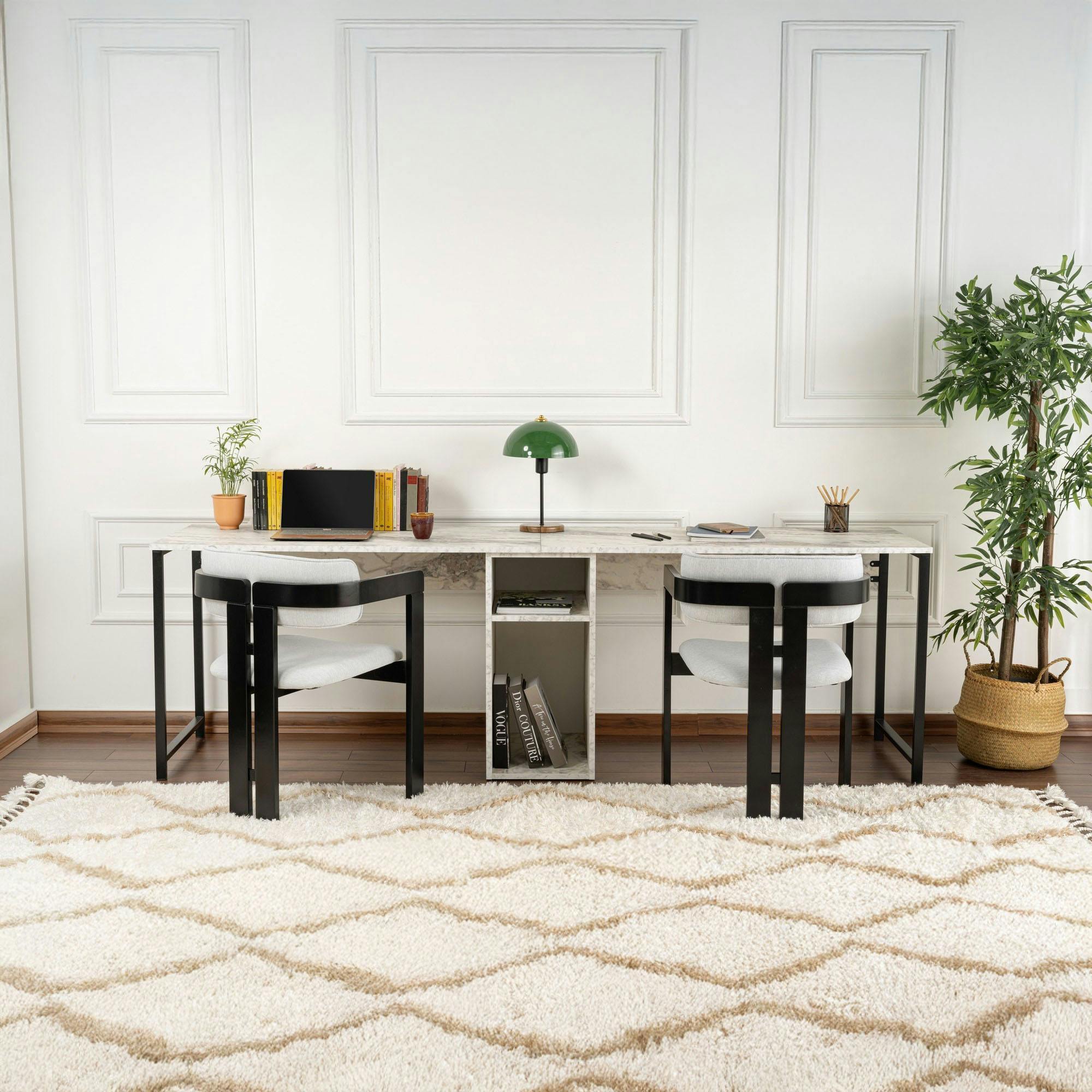 Bureau double avec rangement central - plateau effet marbre MARFA