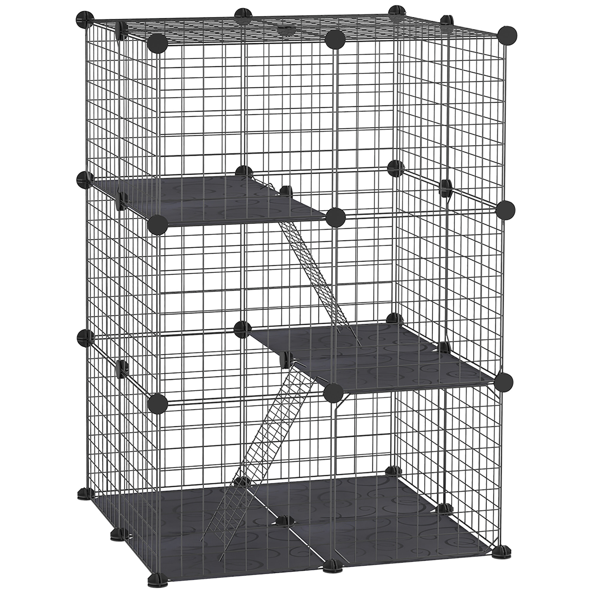 Jaula para Animales Pequeños de 3 Niveles Parque para Mascotas con Rampas y Forma Personalizable para Cobayas Conejos Chinchillas 70x70x105 cm Negro